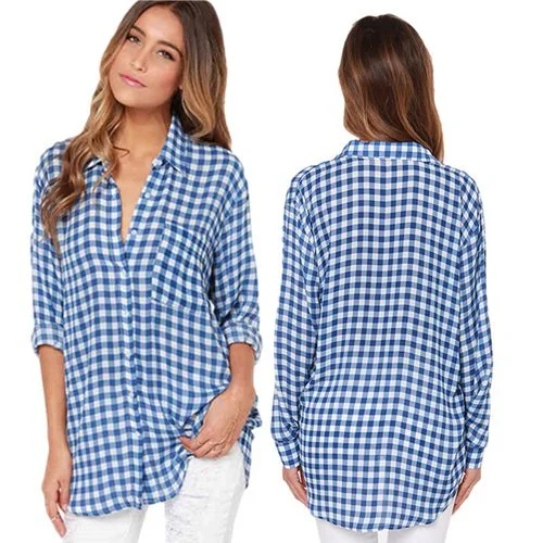 Blue Plaid Spring Slim Straight Casual Women Blouses Pastel Color Blouse