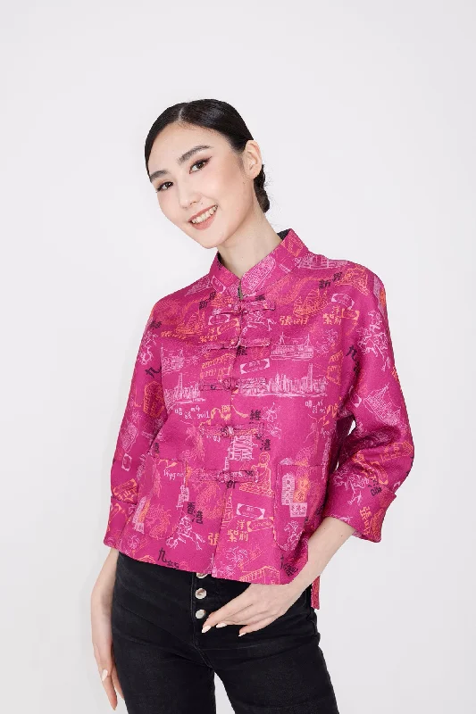 PRESLEY HK Print Reversible Oriental Jacket (Fuchsia/ Navy) Notch Collar Jacket Peter Pan Collar Jacket Cowl Neck Jacket PRESLEY HK Print Reversible Oriental Jacket (Fuchsia/ Navy) Notch Collar Jacket Peter Pan Collar Jacket Cowl Neck Jacket