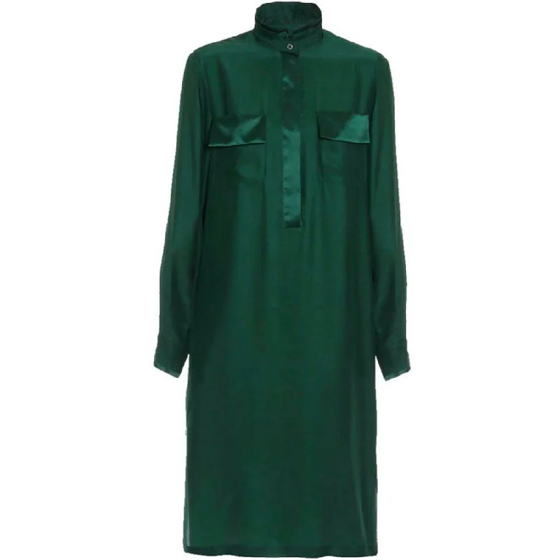 GREEN SILK MIDI SHIRT DRESS 