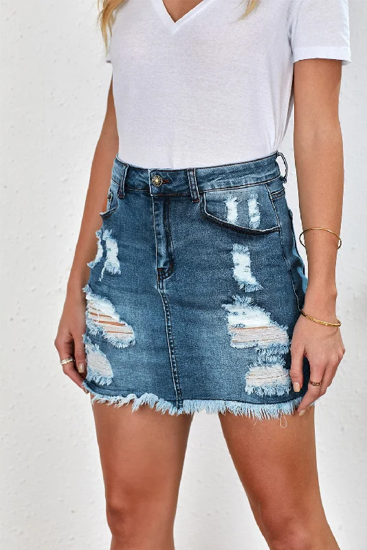 Distressed Raw Hem Denim Mini Skirt