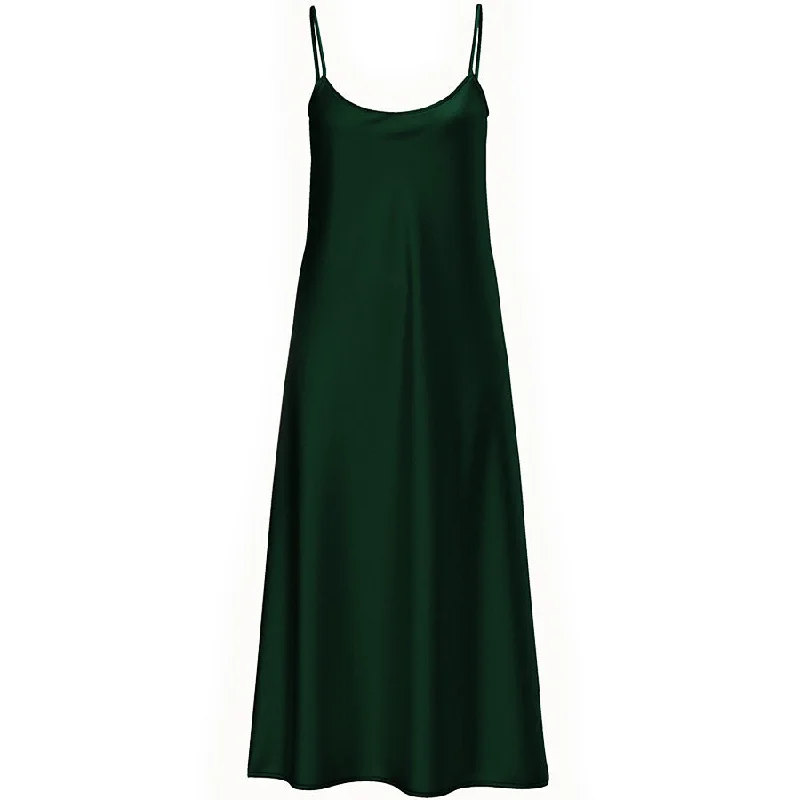 SATIN SILK SLIP DRESS IN DARK GREEN