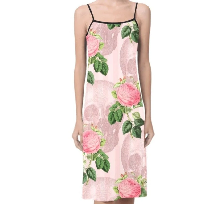 Pink Floral Skull Spaghetti Strap Slip Dress