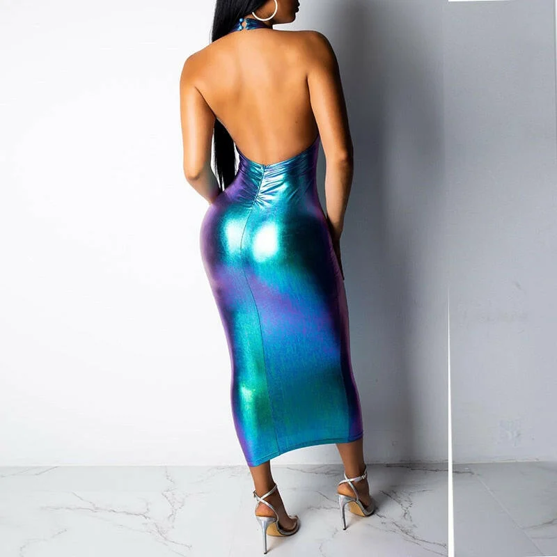 Sexy PU Leather Maxi Dress Women Summer Glossy Backless Sexy Dress Woman Party Night Blue Bodycon Club Dress