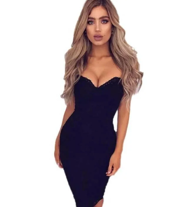 Sexy Summer Lace Elegant Party Bodycon Dress For Women V-Neck Spaghetti Strap Knee-Length Women's Dresses