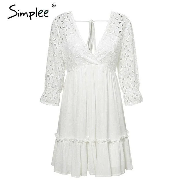 Simplee Elegant v neck embroidery women dress Ruffle pleated cotton lace up summer dresses Casual sexy hollow out dress festa