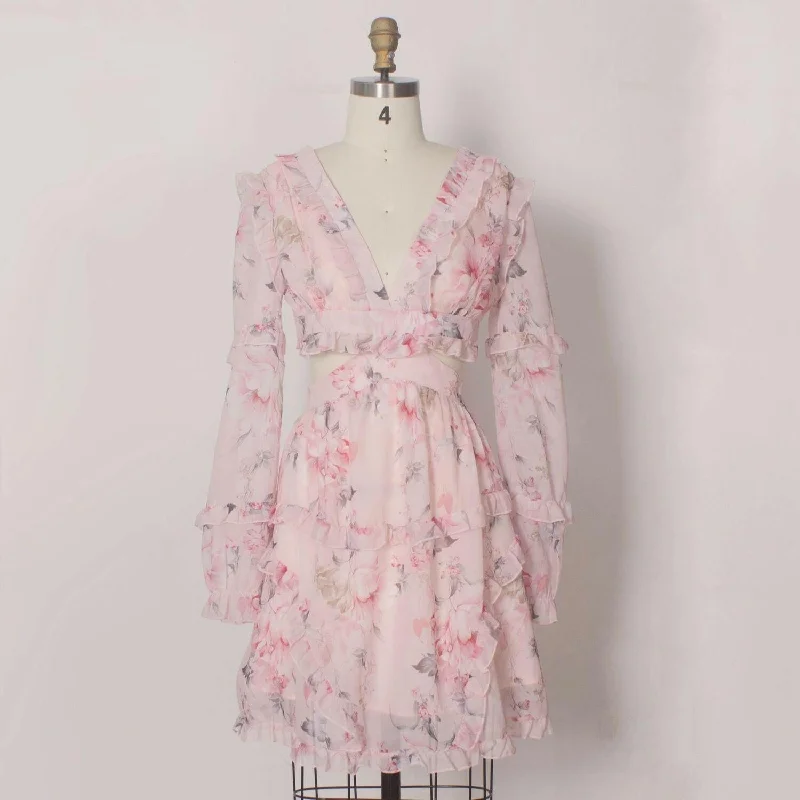 Spring Long Sleeve V Neck Pink Floral Print Hollow Out Ruffled Knee Length Chiffon Dress