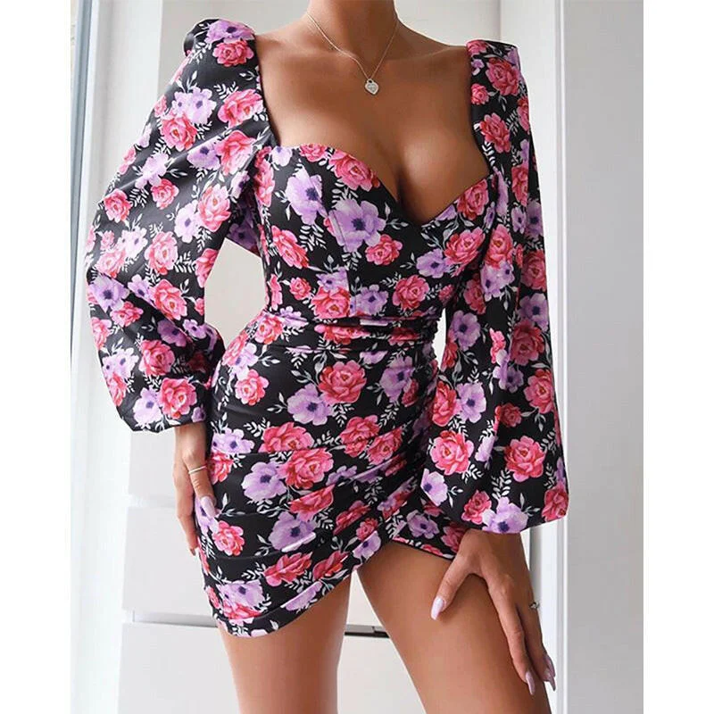 Spring/Summer New Hot Sale Printed Sexy Square Neck Short Skirt Dress Women