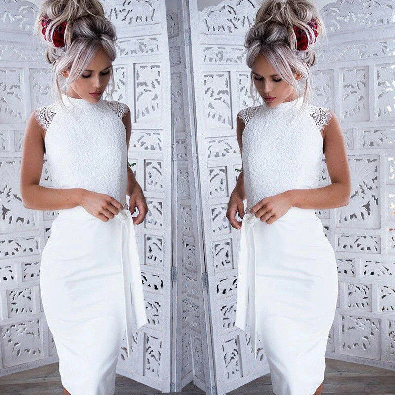 Summer new Sexy Women crew neck sleeveless Lace floral Evening Party bodycon Dress elegant female white lace slim dresses