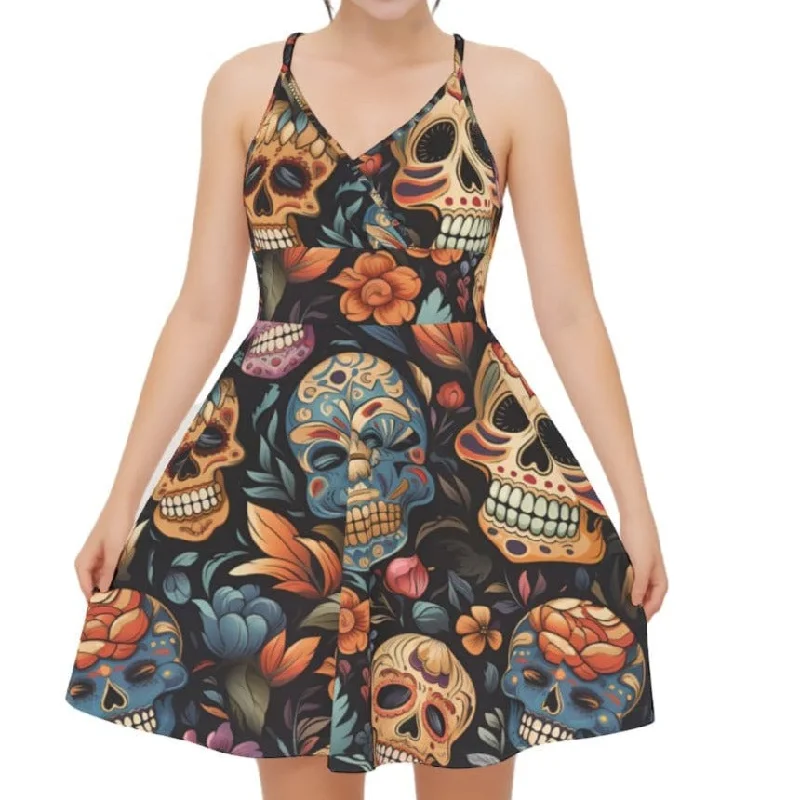 Women‘s Sugar Skulls Strappy Cross Back Cami Dress