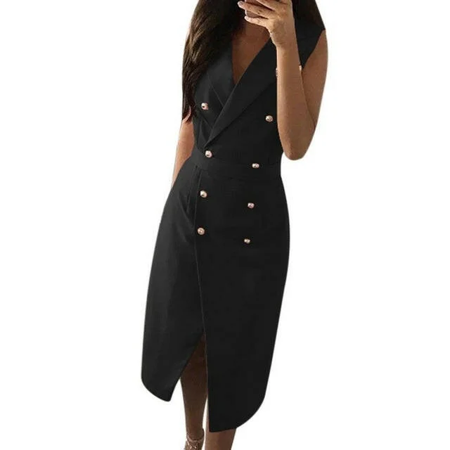 Women Summer Bodycon Double Breasted Dress Sexy V-Neck Sleeveless Work Office Blazer Dress Black Party Vestidos Plus Size