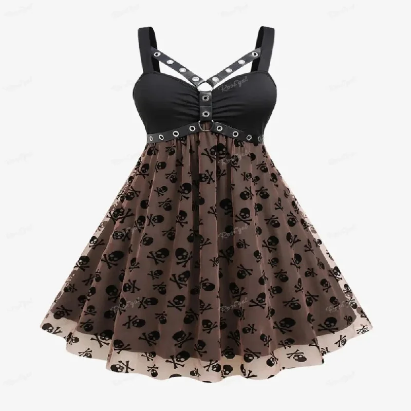 Women's Gothic Skull Print Mesh Grommets Dress