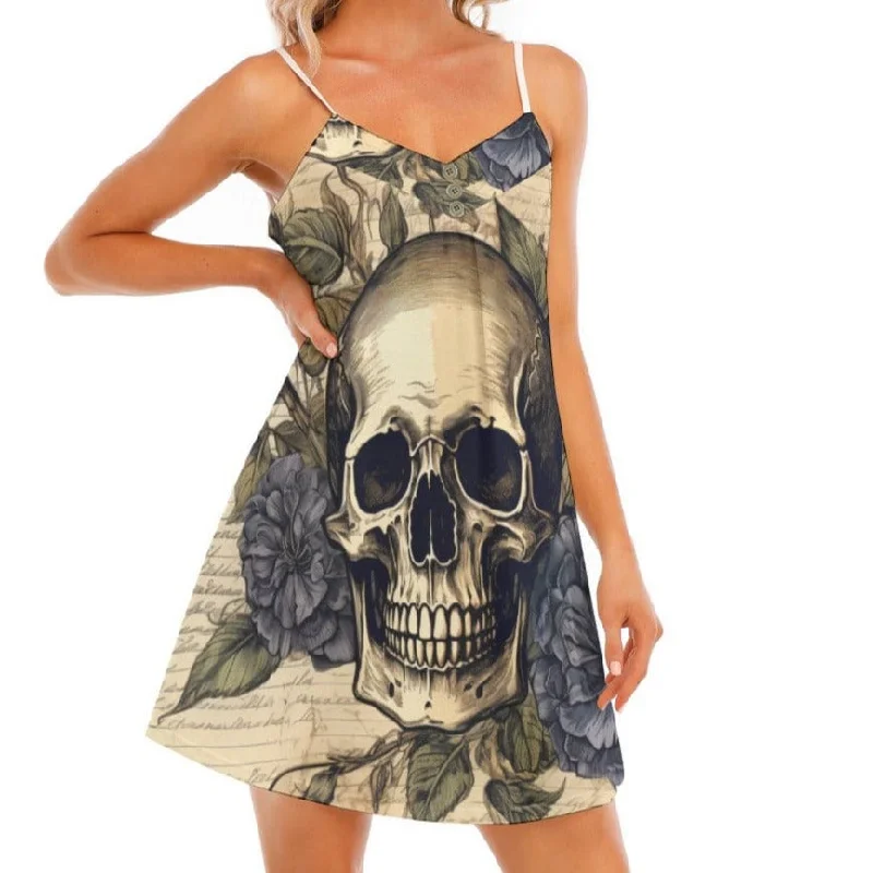 Women's Vintage Skull Spaghetti Strap V-neck Cami Dress