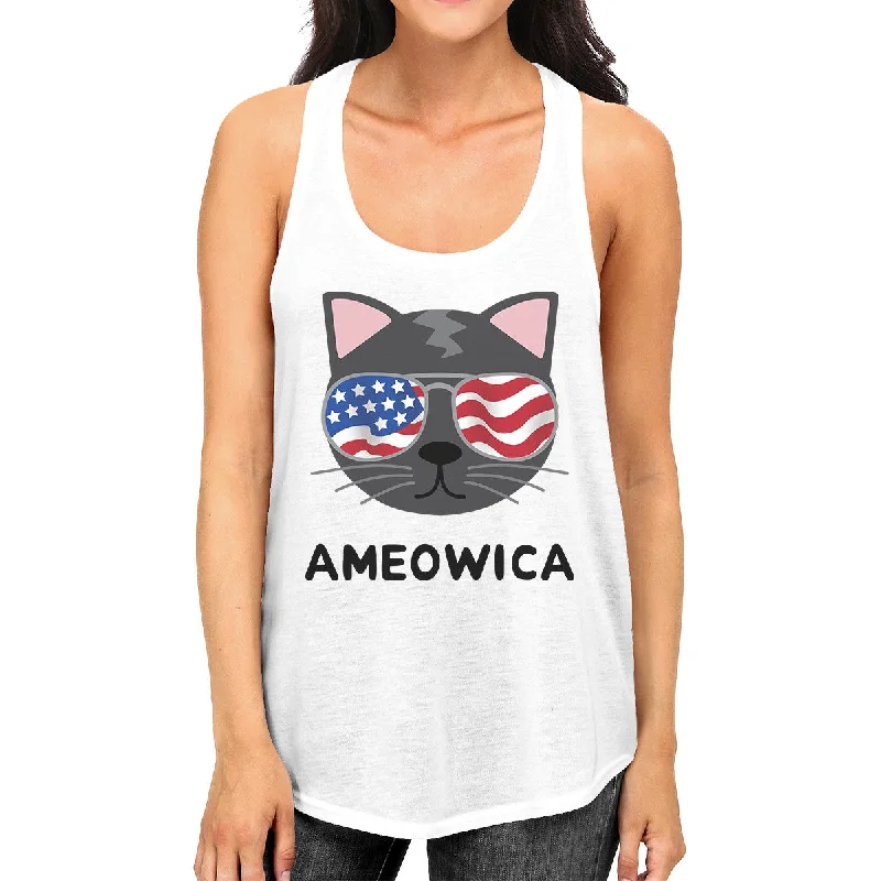 Ameowica Womens White 4th Of July Sleeveless Shirt For Cat Lovers