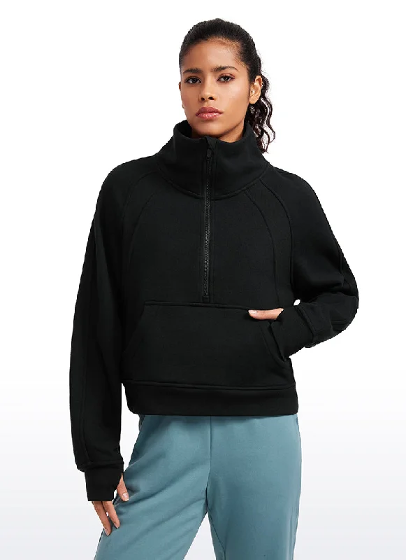 Fleece Lined Half Zip Hoodies Funnel Neck with Thumb Holes