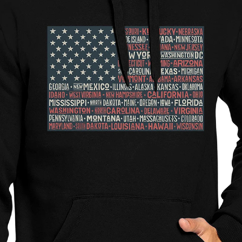 50 States Us Flag Unisex Black Hoodie Crewneck Pullover Graphic Top