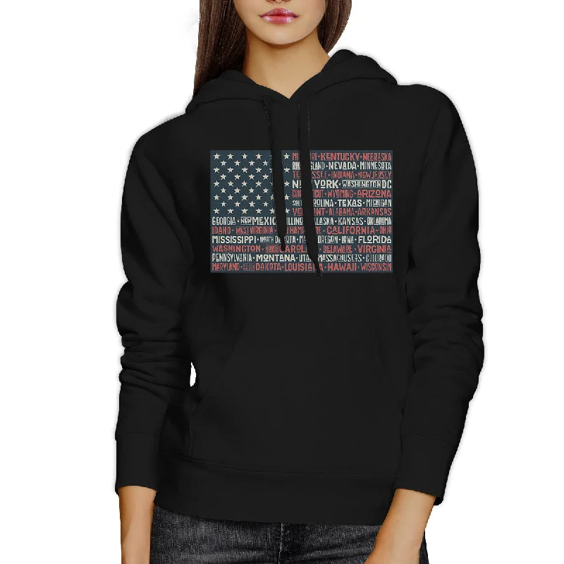 50 States Us Flag Unisex Black Hoodie Crewneck Pullover Graphic Top