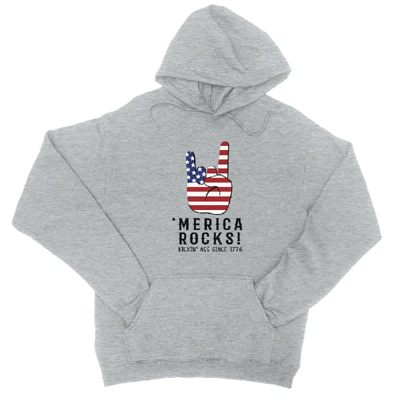 Merica Rocks Pullover Unisex Funny 4th Of July Hooded Sweatshirt