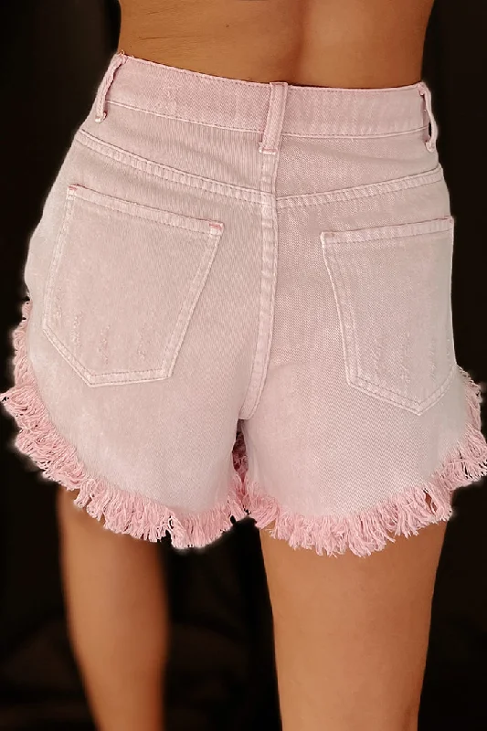 Summer Stories High Rise Frayed Hem Denim Shorts (Rose)