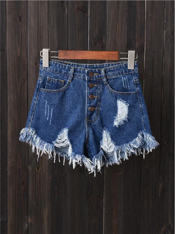 Women Button Up Pocket Loose Hollow Ripped Denim Shorts