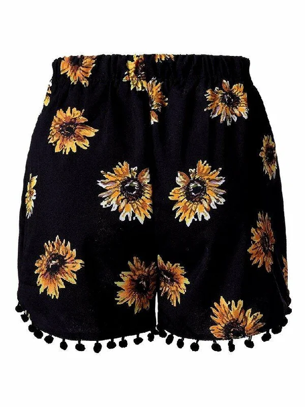 Women Elastic High Waist Sunflower Printed Shorts Casual Beach Shorts