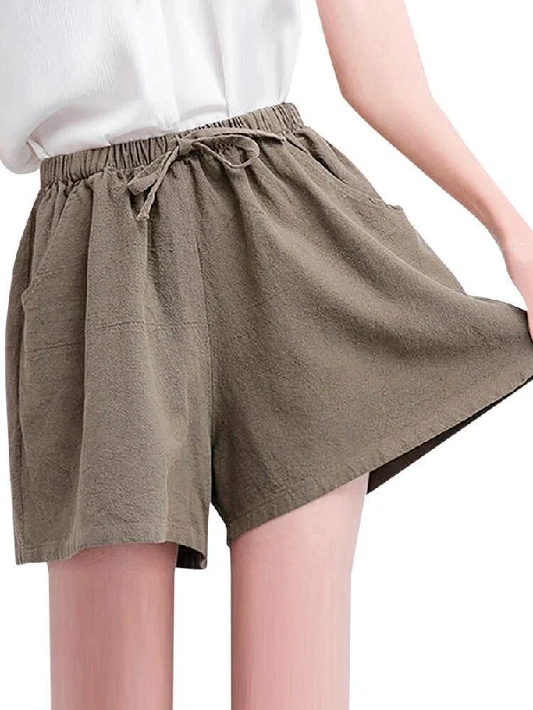 Women High Drawstring Waist Solid Cotton Casual Shorts