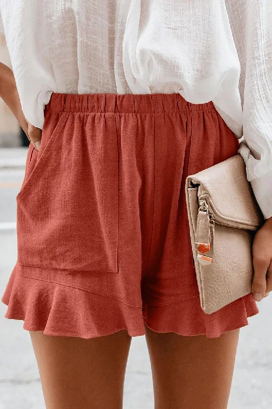 Women Solid Color Elastic High Waist Pocket Shorts