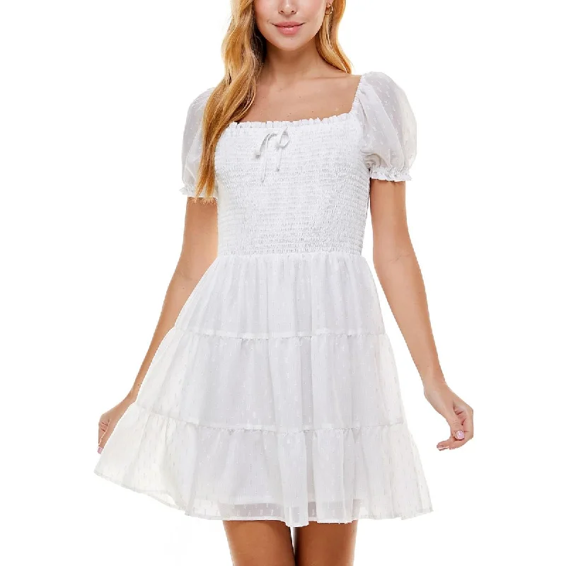 Crystal Doll Womens Juniors Smocked Mini Fit & Flare Dress Fashionable Off-Shoulder Mini Dress Crystal Doll Womens Juniors Smocked Mini Fit & Flare Dress Fashionable Off-Shoulder Mini Dress